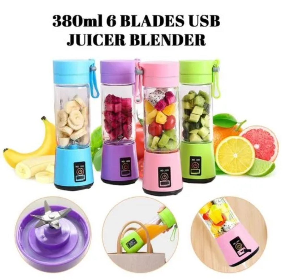 FRAKIN USB Rechargeable Juicer Blender 6 Blades Electric Blender Mini Portable Personal Size Juicer Cup USB Rechargeable Mixer 380ml Food Grade Water Bottle Portable Fruit Juicer Machine (Double Click Start)